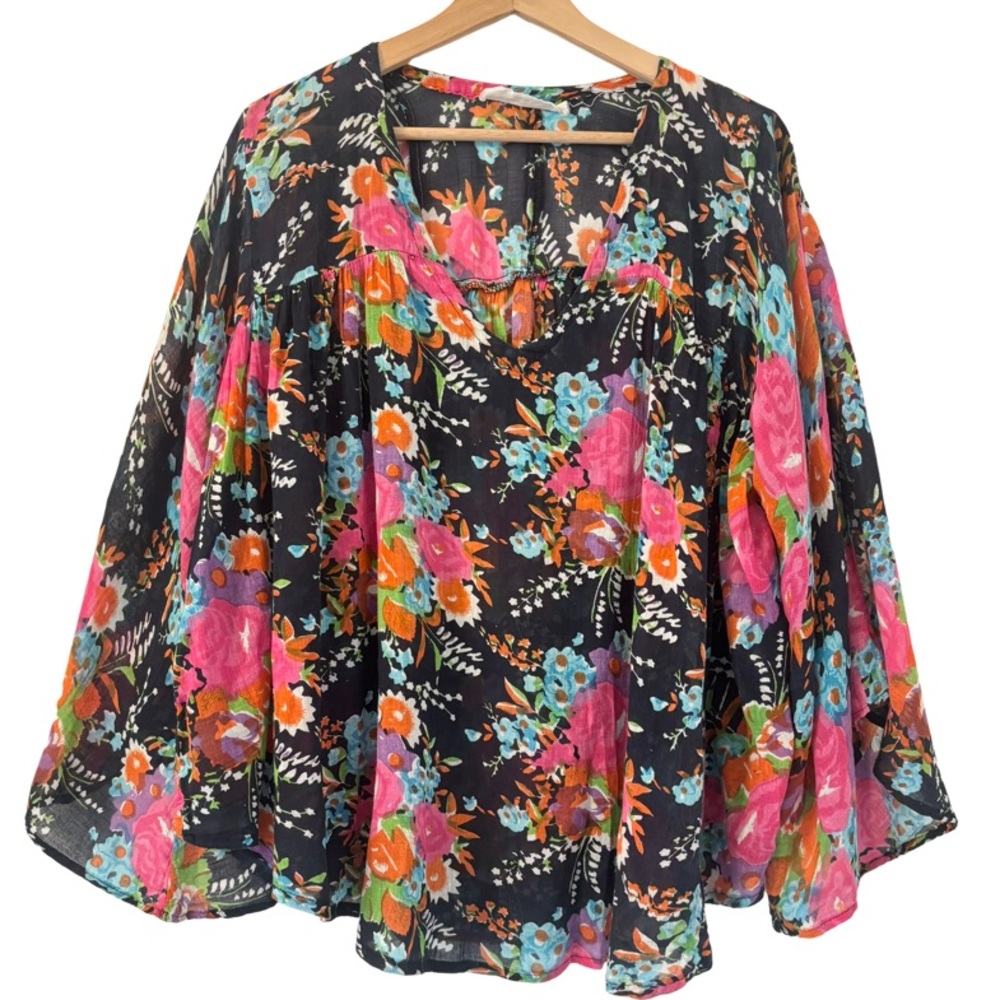 Novella Royale Black Floral Peasant Blouse with Pink & Teal Accents